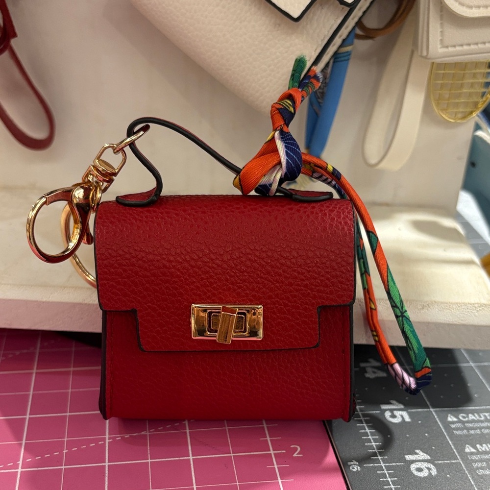 Elegant Red Leather Mini Keychain Bag